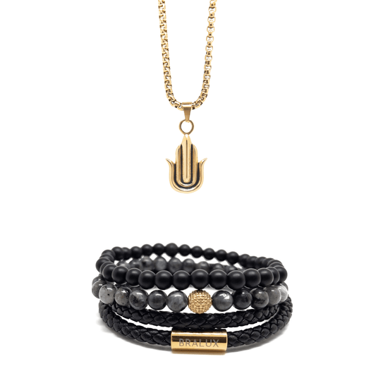 The Gold Plated SS Duo Leather and Hamsa hand stack Necklace Set