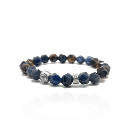 The Faceted Blue Sodalite and Brown Tiger eye Signed Silver Color Bracelet