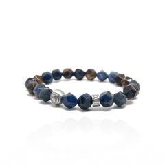 The Faceted Blue Sodalite and Brown Tiger eye Signed Silver Color Bracelet