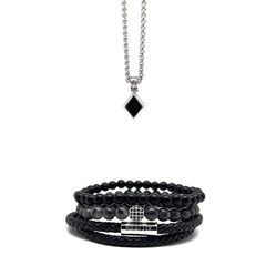 Silver Plated Duo Leather Diamond Shape Onyx Set