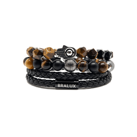 The Hamsa Hand Tiger eye Duo Leather Stack