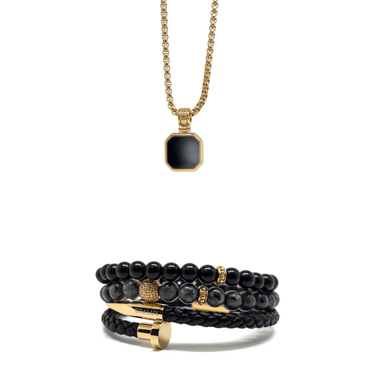 Nail Obsidian Stack and Gold Square Necklace Set