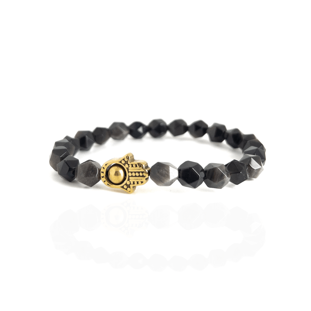 Faceted Silver Obsidian Hamsa - Gold