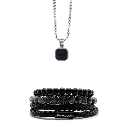 The Full Duo Black and Square Silver Necklace Set
