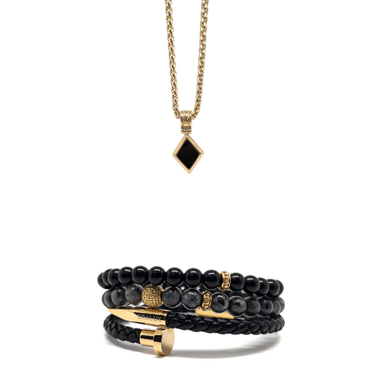 Nail Obsidian Stack and Gold Square Necklace II Set