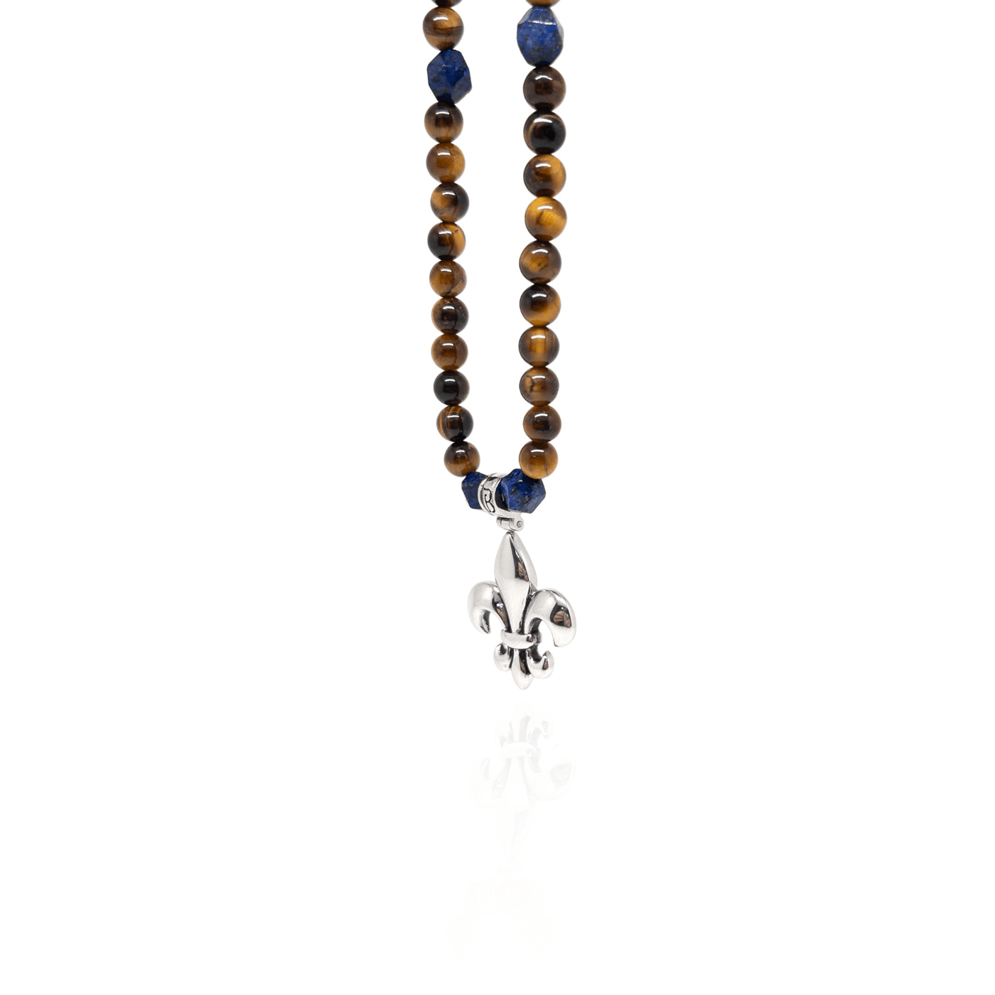 The Lapis Lazuli and Brown Tiger eye Fleur de lis necklace