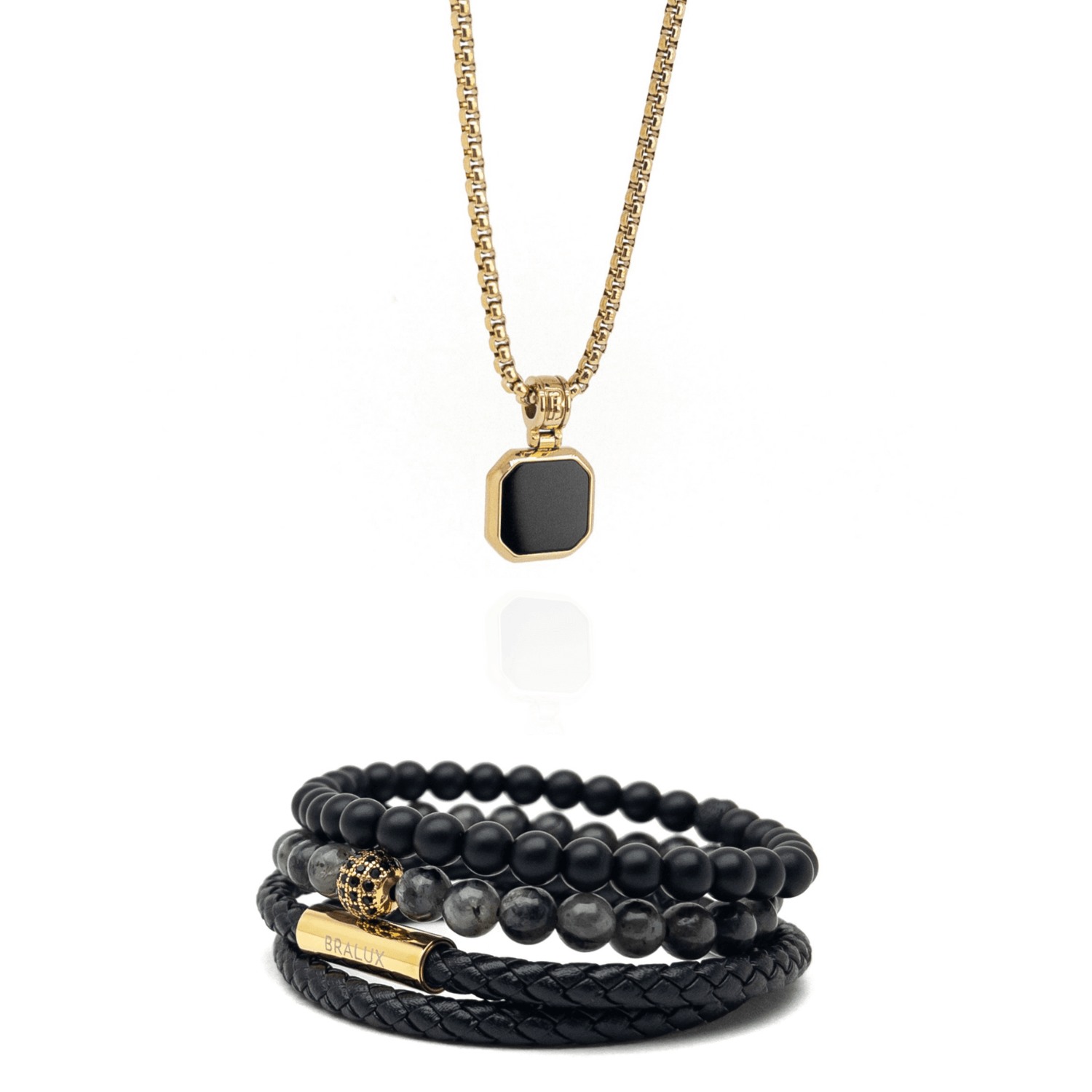 مجموعة القلائد المربعة المصنوعة من الجلد والأونيكس المطلية بالذهب