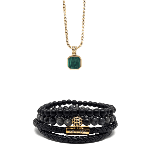 The Gold Plated Duo Leather and Malachite Square Necklace Set