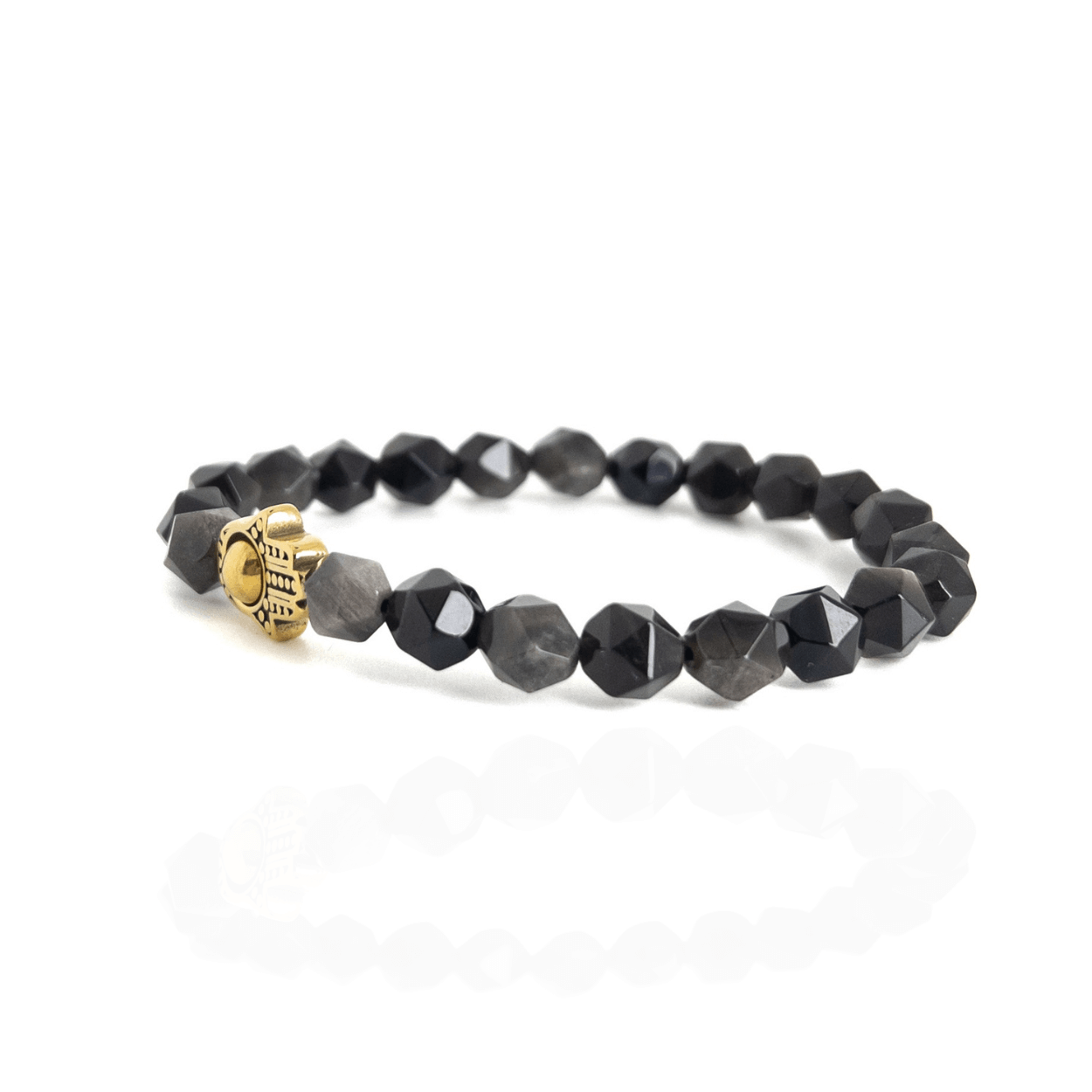 Faceted Silver Obsidian Hamsa - Gold