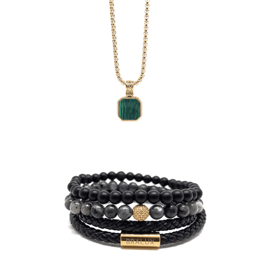 The Gold Plated SS Duo Leather and Malachite Square Necklace Set