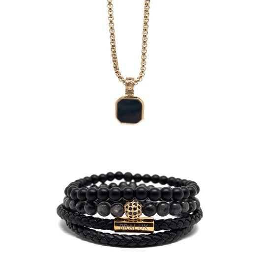 The Gold Plated Duo Leather and Onyx Square Necklace Set
