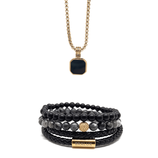 The Gold Plated SS Duo Leather and Onyx Square Necklace Set