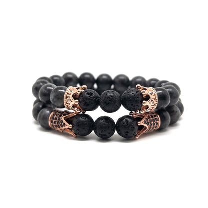 The Rose Gold Plated Double King and Queen Volcanic and Larvikite Bracelets