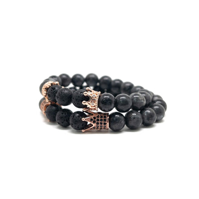 The Rose Gold Plated Double King and Queen Volcanic and Larvikite Bracelets