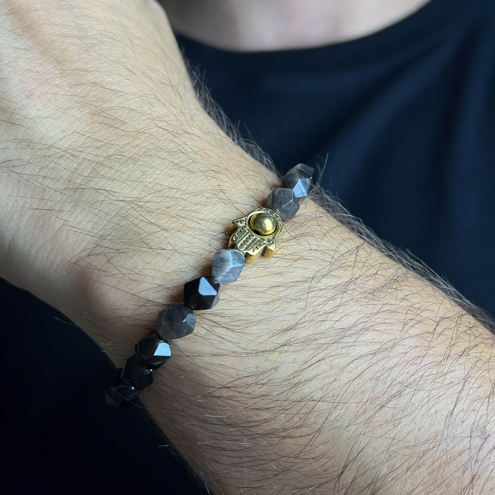 Faceted Silver Obsidian Hamsa - Gold