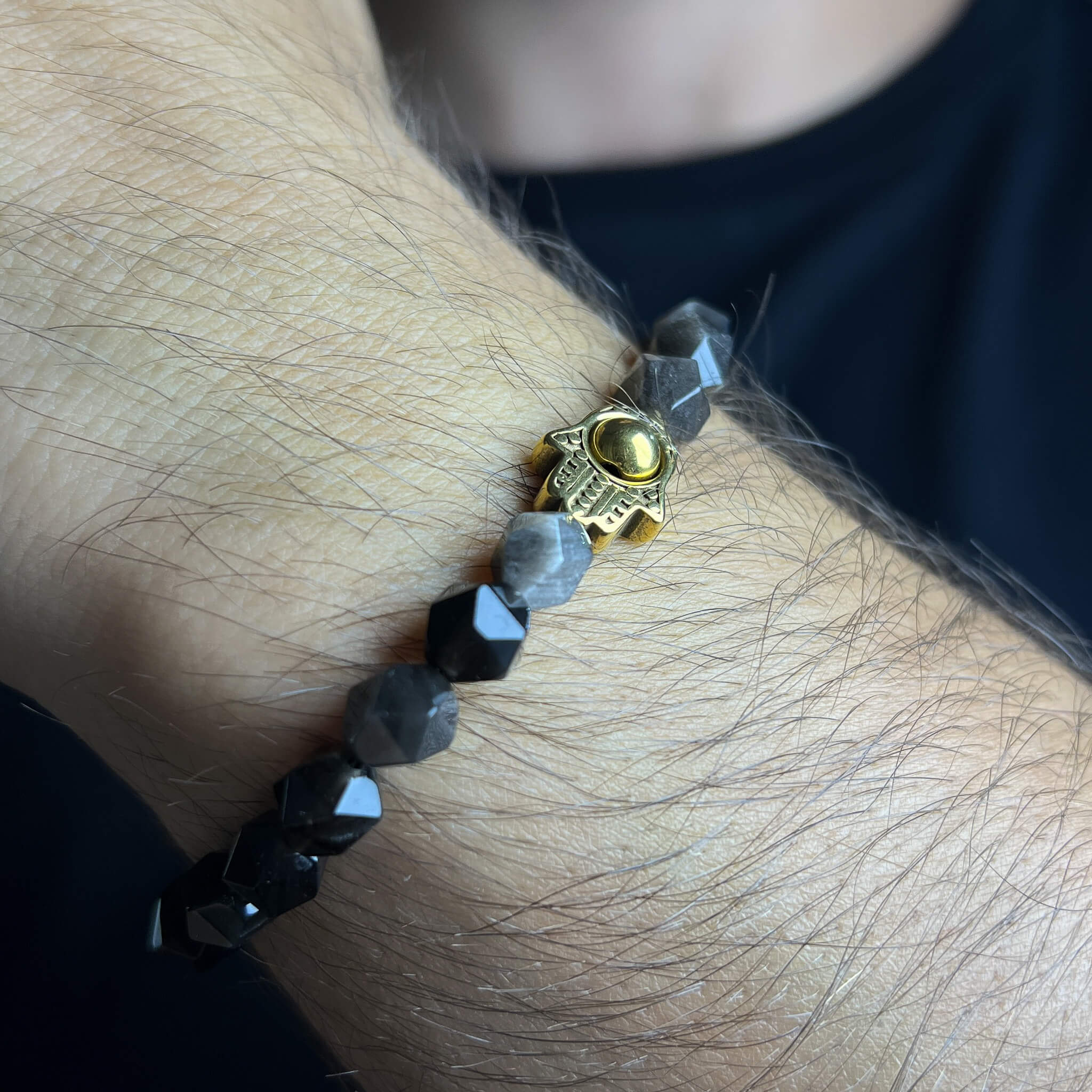 Faceted Silver Obsidian Hamsa - Gold