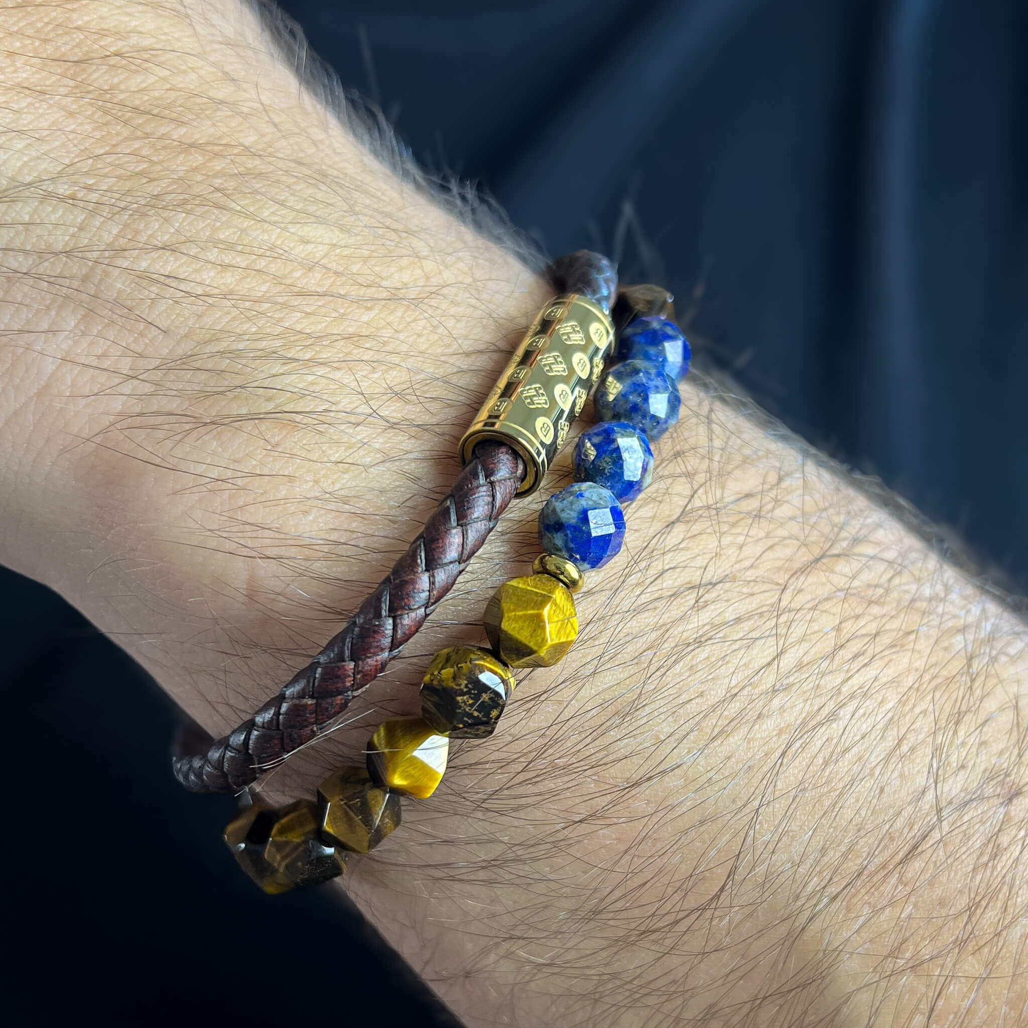 Dark Brown Monogram  and Tiger Eye Lapis Stack - Gold Secondary image