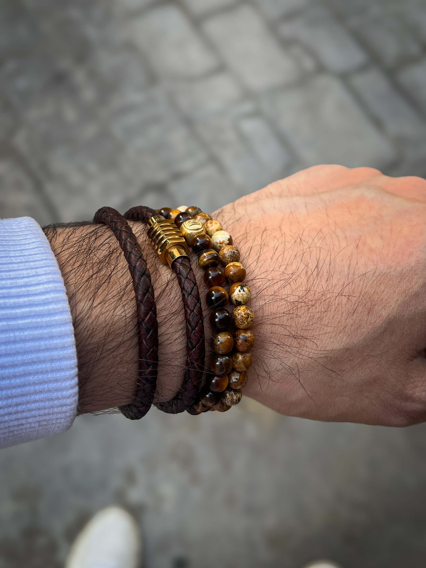 The Dark Brown Duo Leather and Tiger eye Signed Stack