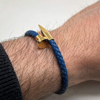 The Dark Blue and Gold Plated Nail Leather Bracelet