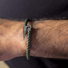 The Army Green and Silver Plated Nail Leather Bracelet