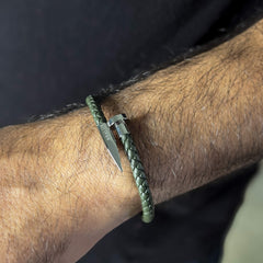 The Army Green and Silver Plated Nail Leather Bracelet