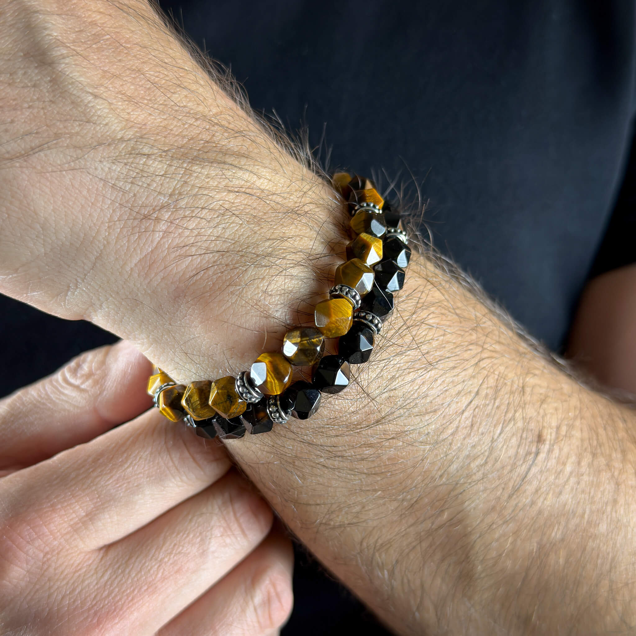 Faceted Agate Tiger eye Stack - Silver