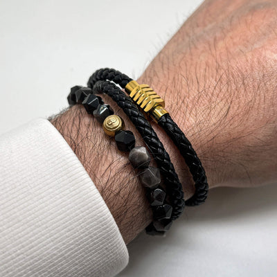 The Faceted Silver Obsidian and duo leather stack