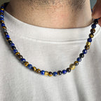 Collier signature en lapis-lazuli et œil de tigre brun 