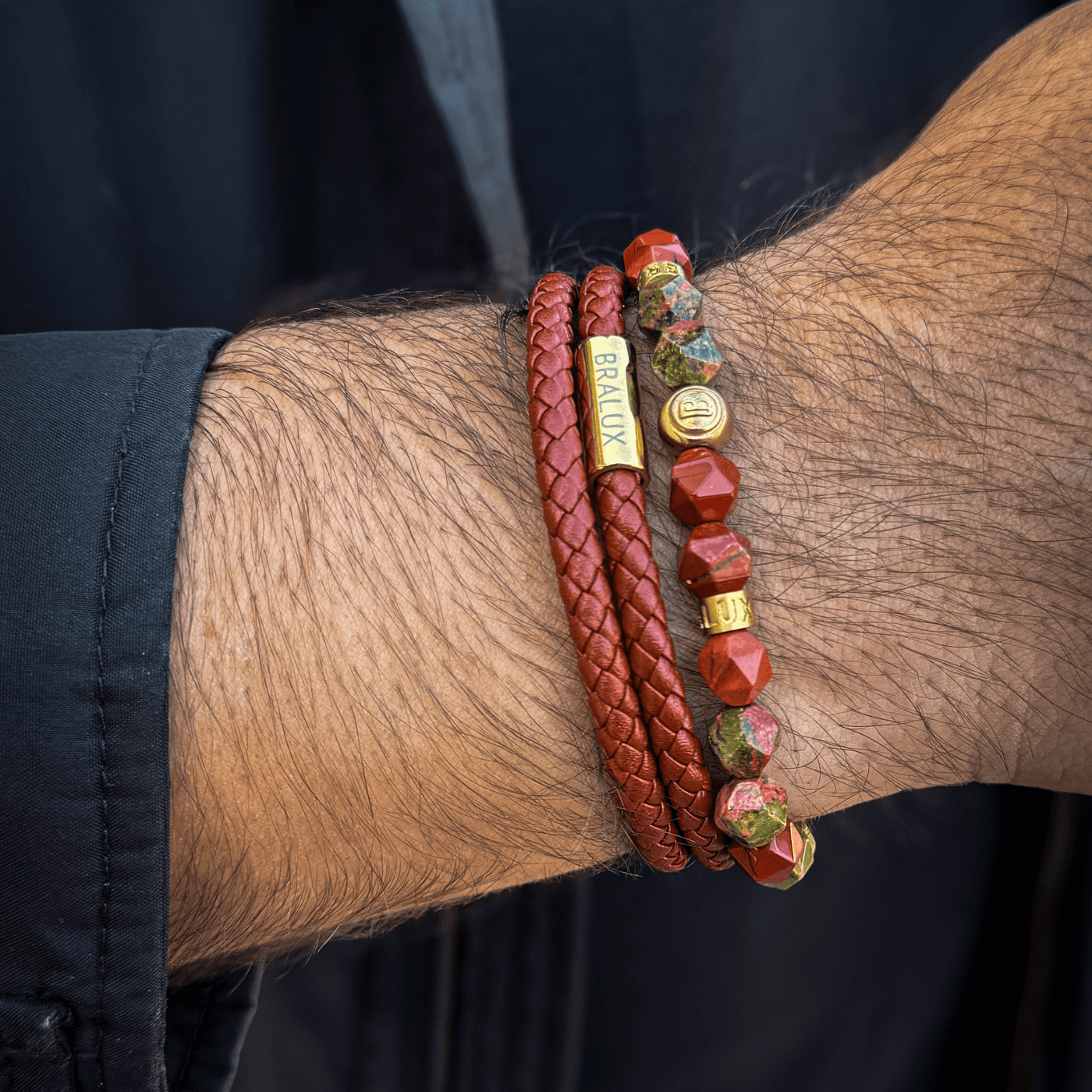 The Faceted Unakite and Red Jasper Signed Bracelet