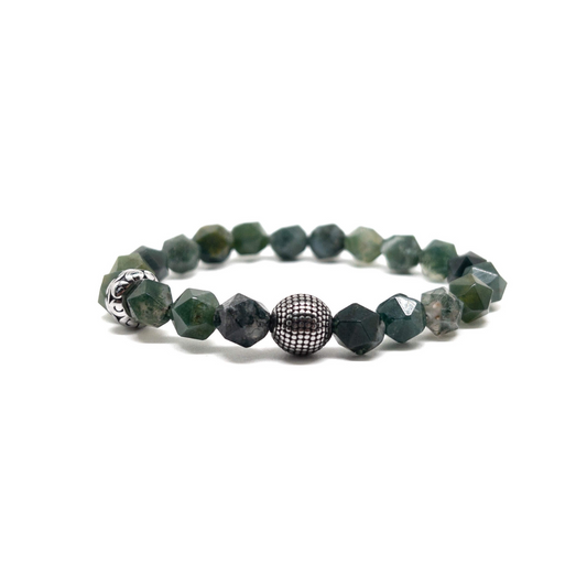 The Faceted Moss Agate Stone and Silver Cylinder Bracelet