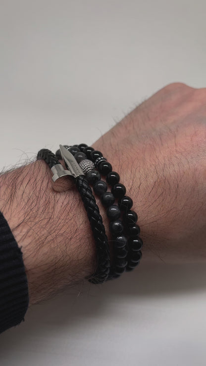 The Silver Plated  Nail with Larvikite and obsidian stones stack