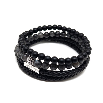 The Silver Plated Duo Black Leather Stack