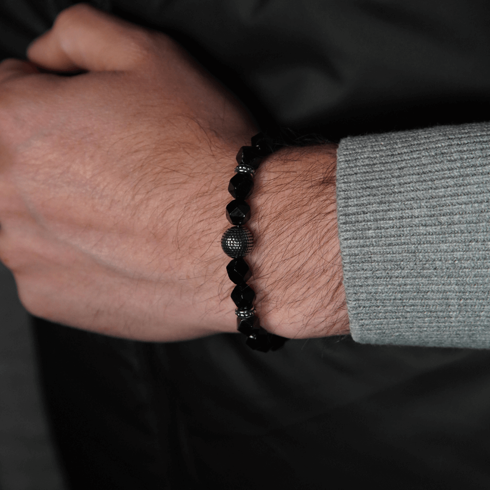 Black Agate Cylinder Bracelet – Silver