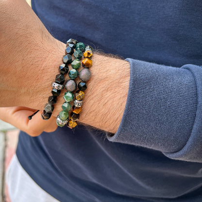 The Faceted Silver Obsidian with Vintage Spacer Thread bracelet